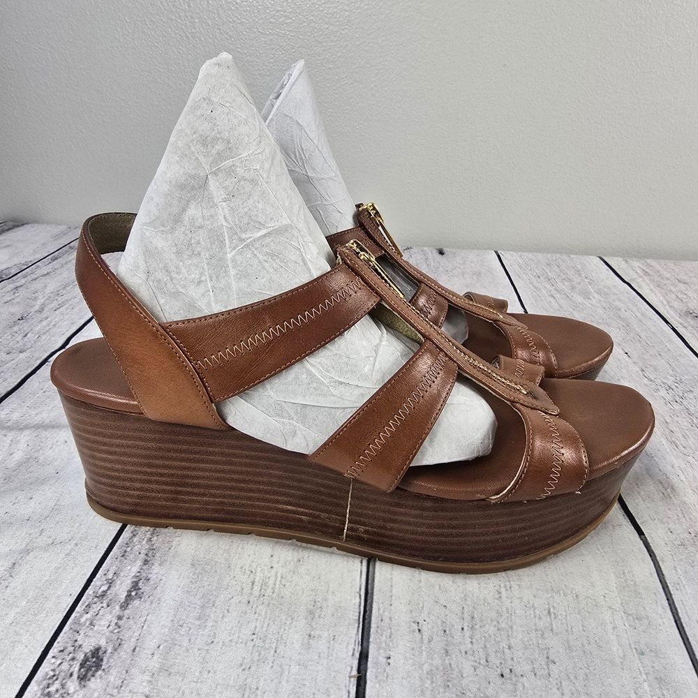 Michael Kors Berkley T- Strap Tan Leather Wedge Sandals